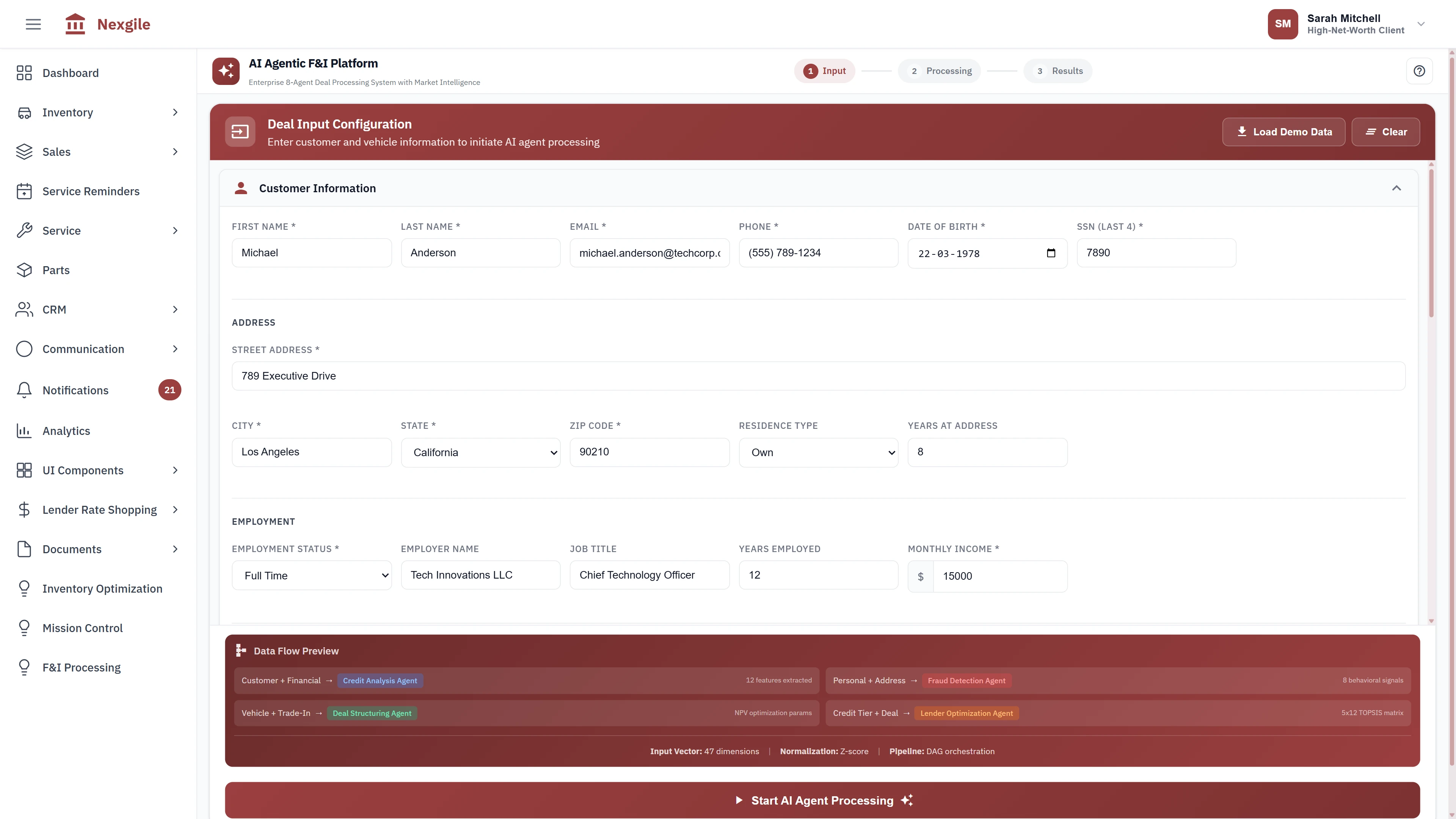 Deal Input Configuration - Customer information, address, employment details, and data flow preview showing agent processing pipeline